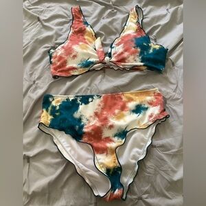 SHEIN Multicolor Tie-Dye Bikini Set in Teal, Coral & Yellow